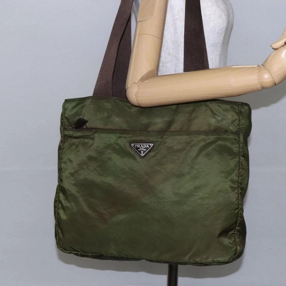 PRADA Tote Bag Nylon Khaki Silver Auth - Picture 1 of 15